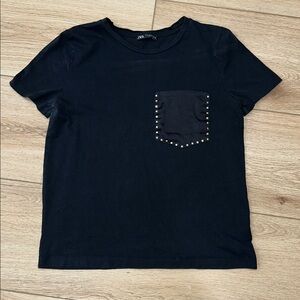 Zara Women’s Studded Pocket Black Tee Size Small